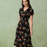 Glória - Vestito Midi Nero a Fiori